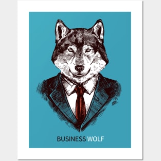 Wall Art Hand drawn Poster of Business Wolf in Suit Portrait on Blue Background Fashion Print On Poster Artwork for Wall Decor Posters and Art